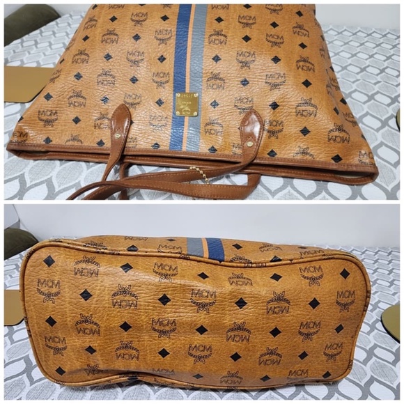 Authentic MCM Visetos Striped Shopper Tote Bag Cognac - Picture 6 of 14